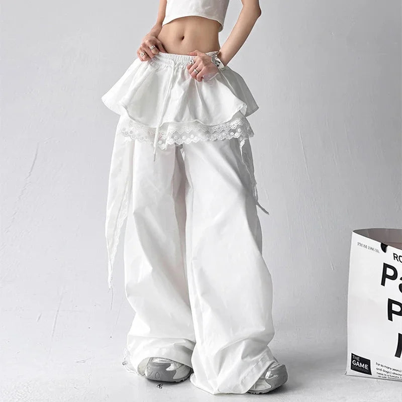 Y2K Black Cargo Pants Women Streetwear Lace Patchwork Black Wide Leg Pants Summer Gyaru Harajuku Korean Baggy Trousers New