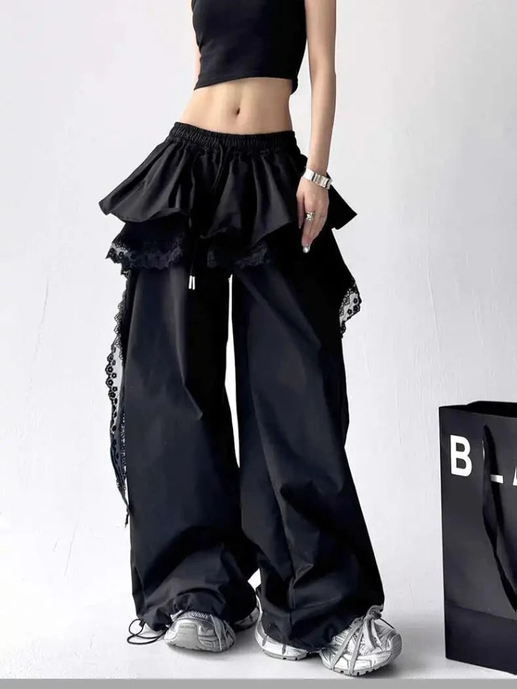 Y2K Black Cargo Pants Women Streetwear Lace Patchwork Black Wide Leg Pants Summer Gyaru Harajuku Korean Baggy Trousers New