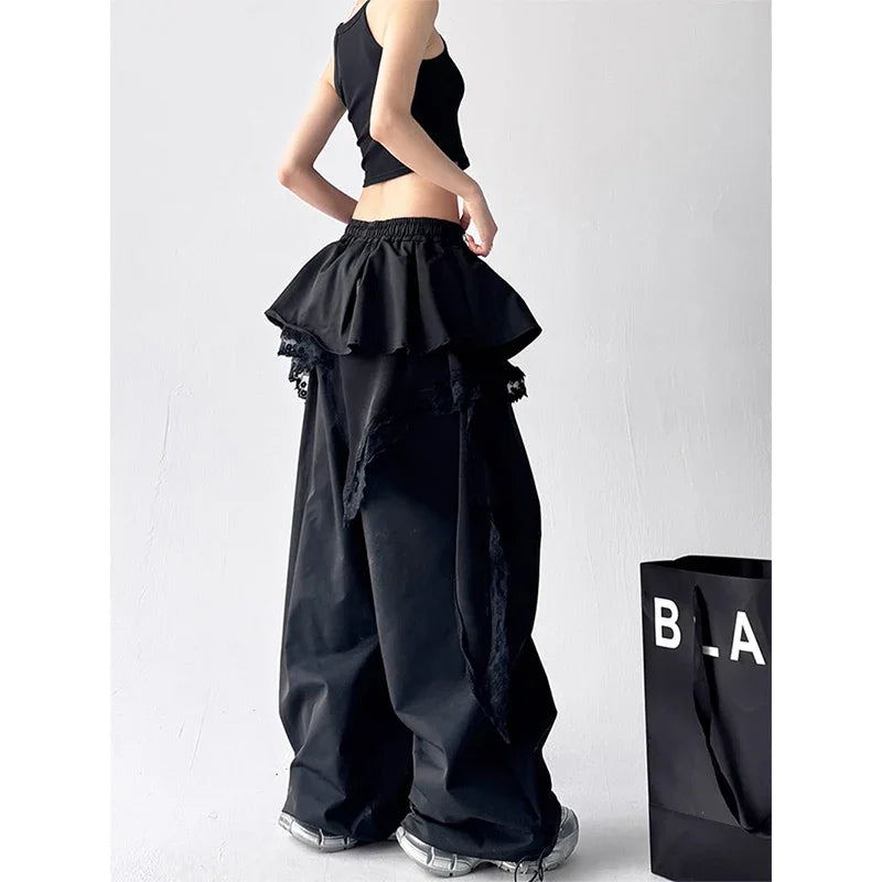 Y2K Black Cargo Pants Women Streetwear Lace Patchwork Black Wide Leg Pants Summer Gyaru Harajuku Korean Baggy Trousers New