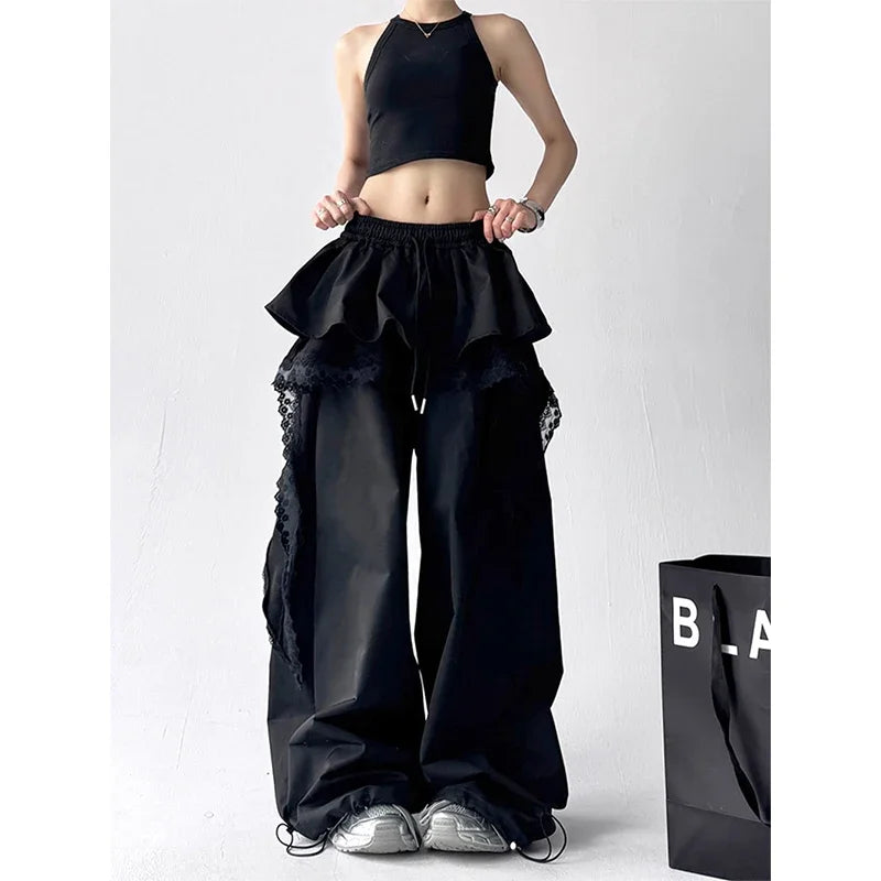 Y2K Black Cargo Pants Women Streetwear Lace Patchwork Black Wide Leg Pants Summer Gyaru Harajuku Korean Baggy Trousers New