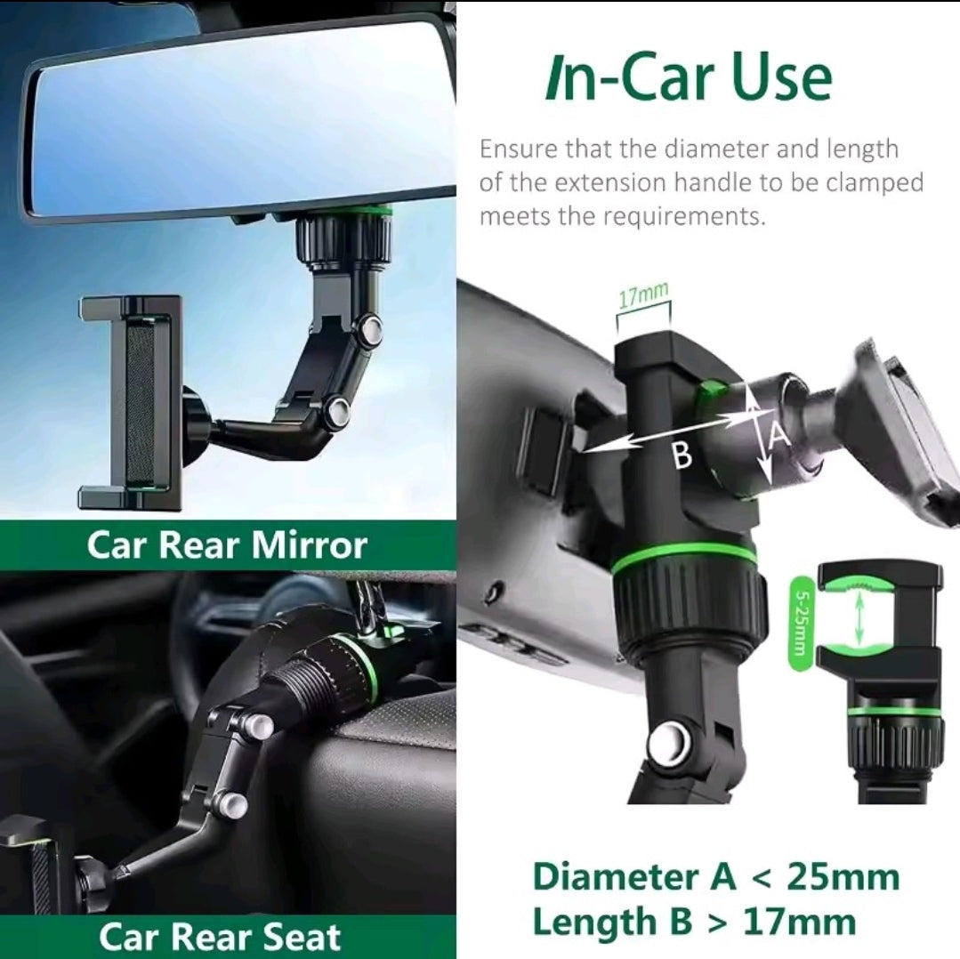 360° Rotatable Rearview Mirror Phone Holder – Universal Retractable Car Mount